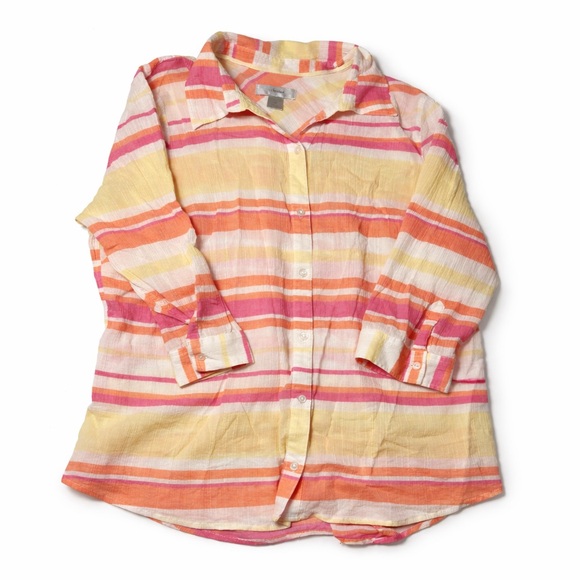 CJ Banks Tops - CJ Banks Striped Button Down Blouse 1X | Pink Orange Yellow Lightweight Top